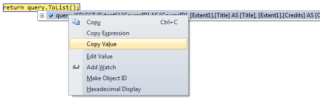 Screenshot that shows the variable value with a dropdown menu displayed when it is selected. The Copy Value option is highlighted.